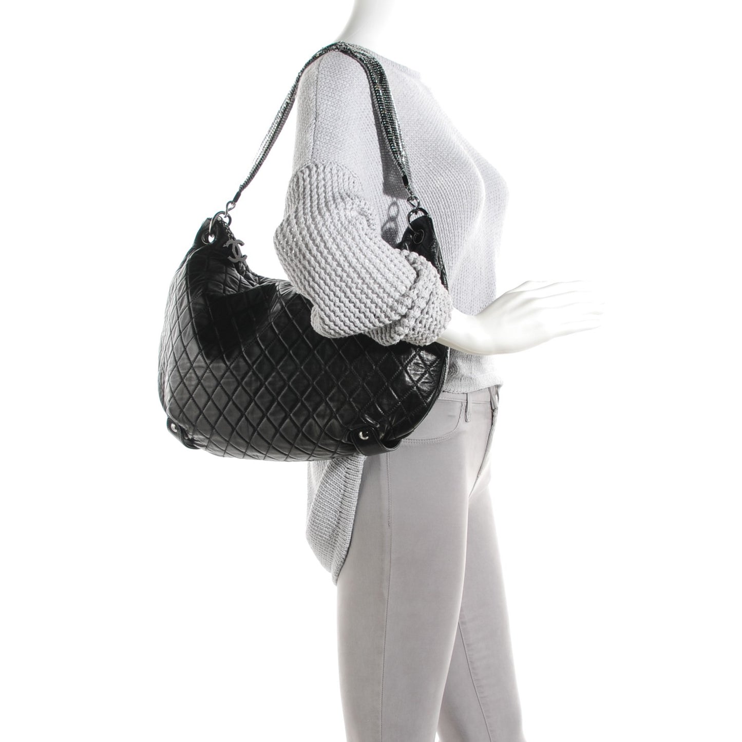 Lambskin Large Chain Mail Hobo Black