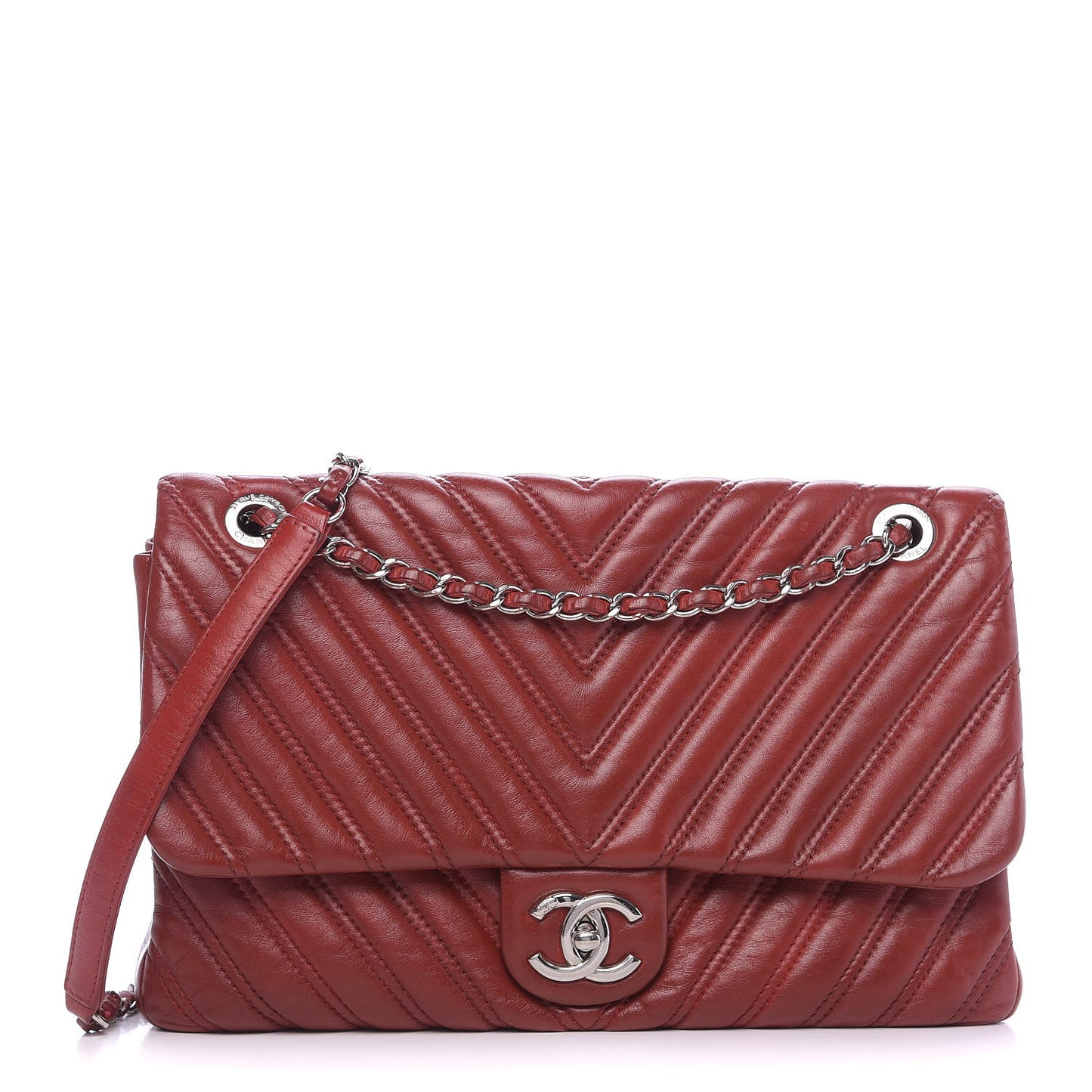 Lambskin Chevron Double Stitch Jumbo Single Flap Red