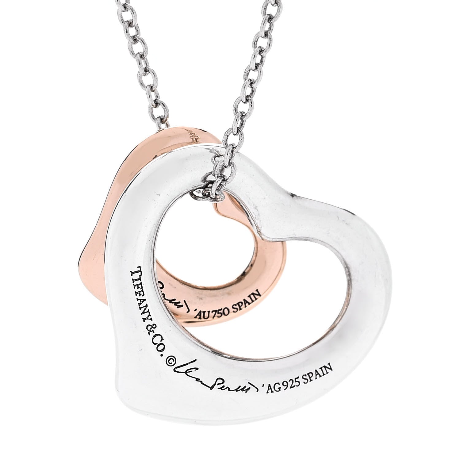 Tiffany Sterling Silver 18K Rose Gold Elsa Peretti 16mm Double Open Heart Pendant Necklace 4 of 6