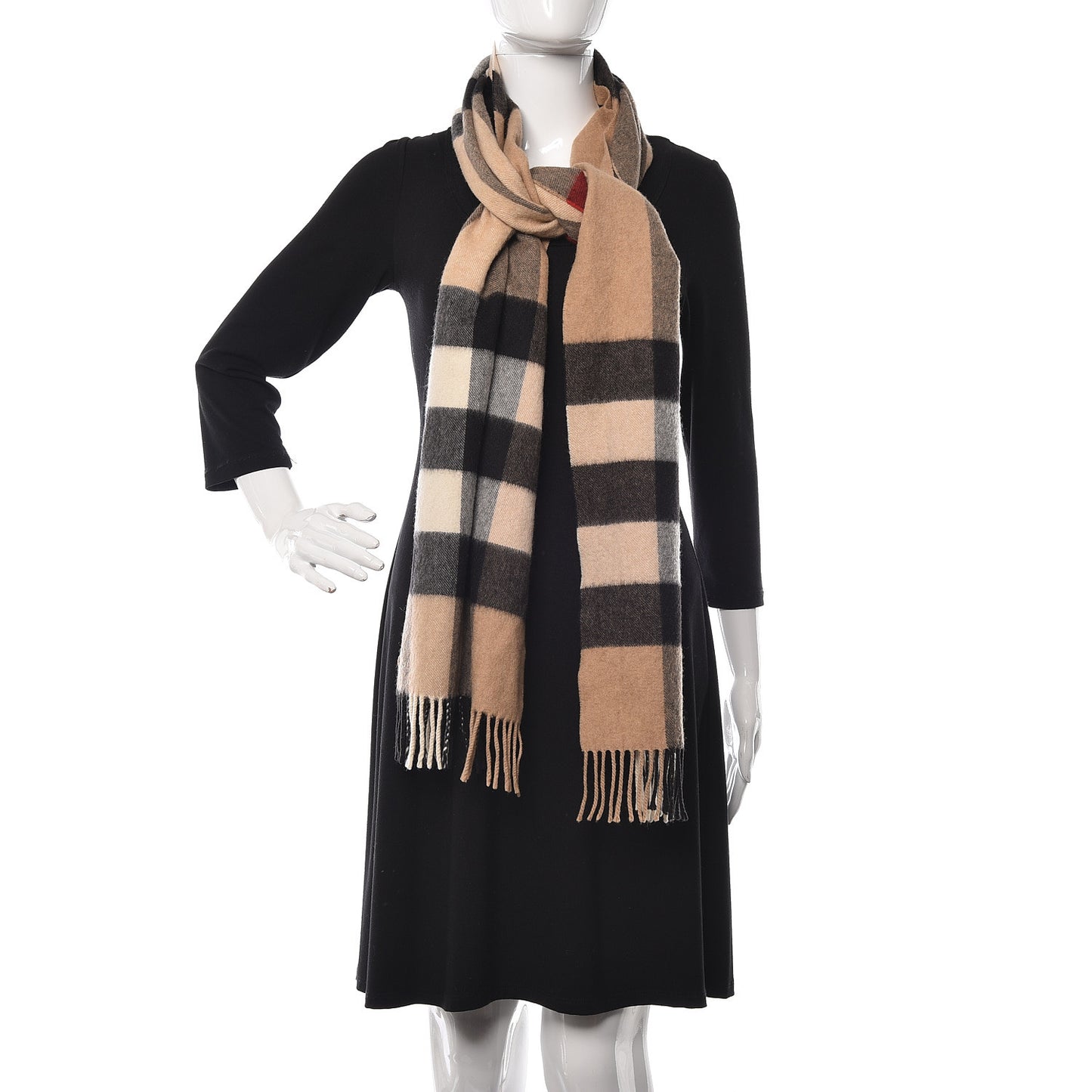 Cashmere Mega Check Fringe Scarf Camel