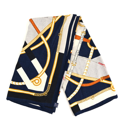 Hermes Cashmere Silk Parcours Sans Faute Shawl 140 Marine White Gold 2 of 3