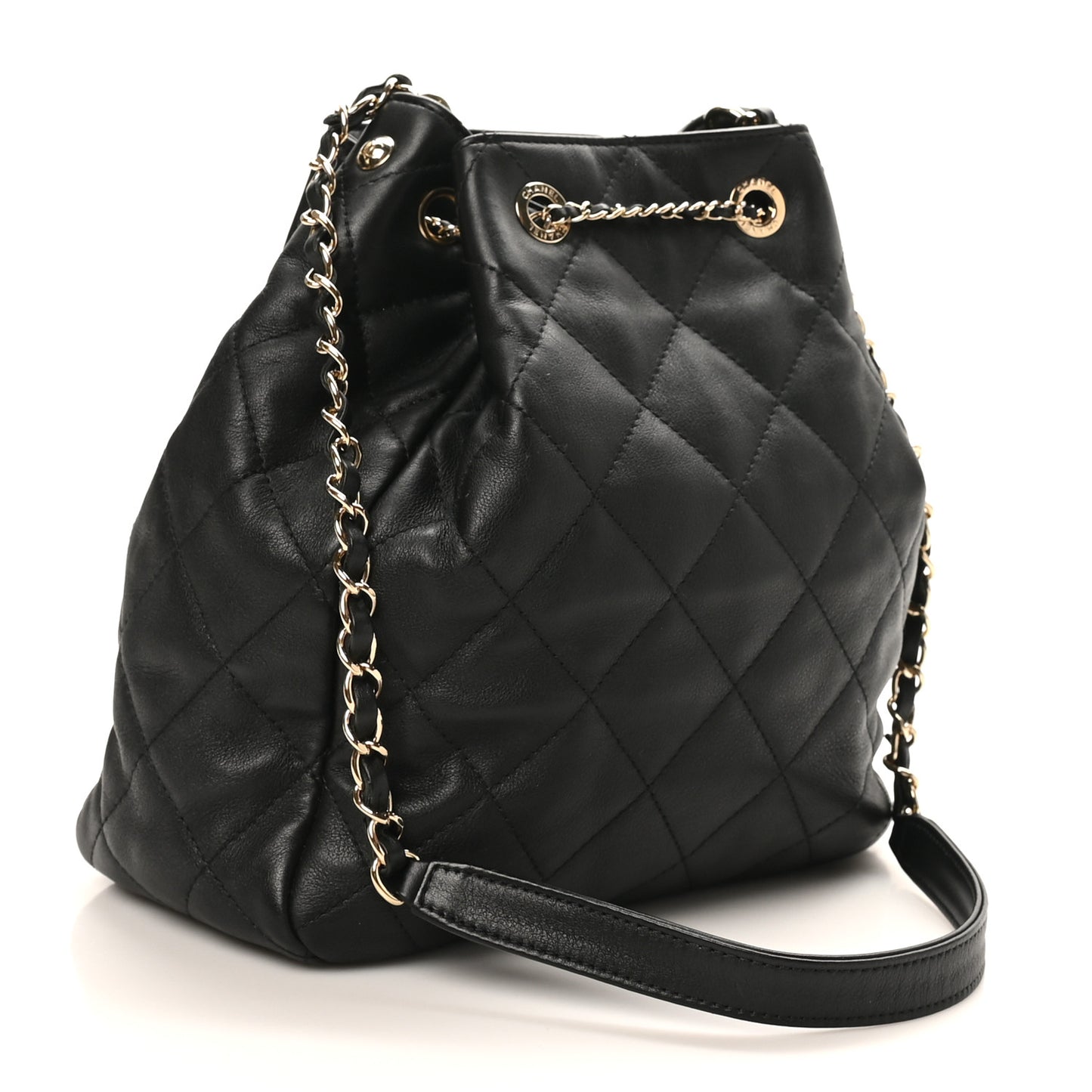 Lambskin Quilted Chain Drawstring Bag  Black