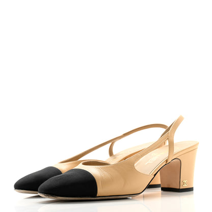 Chanel Goatskin Grosgrain Cap Toe CC Slingback Pumps 40 Beige Black 3 of 11