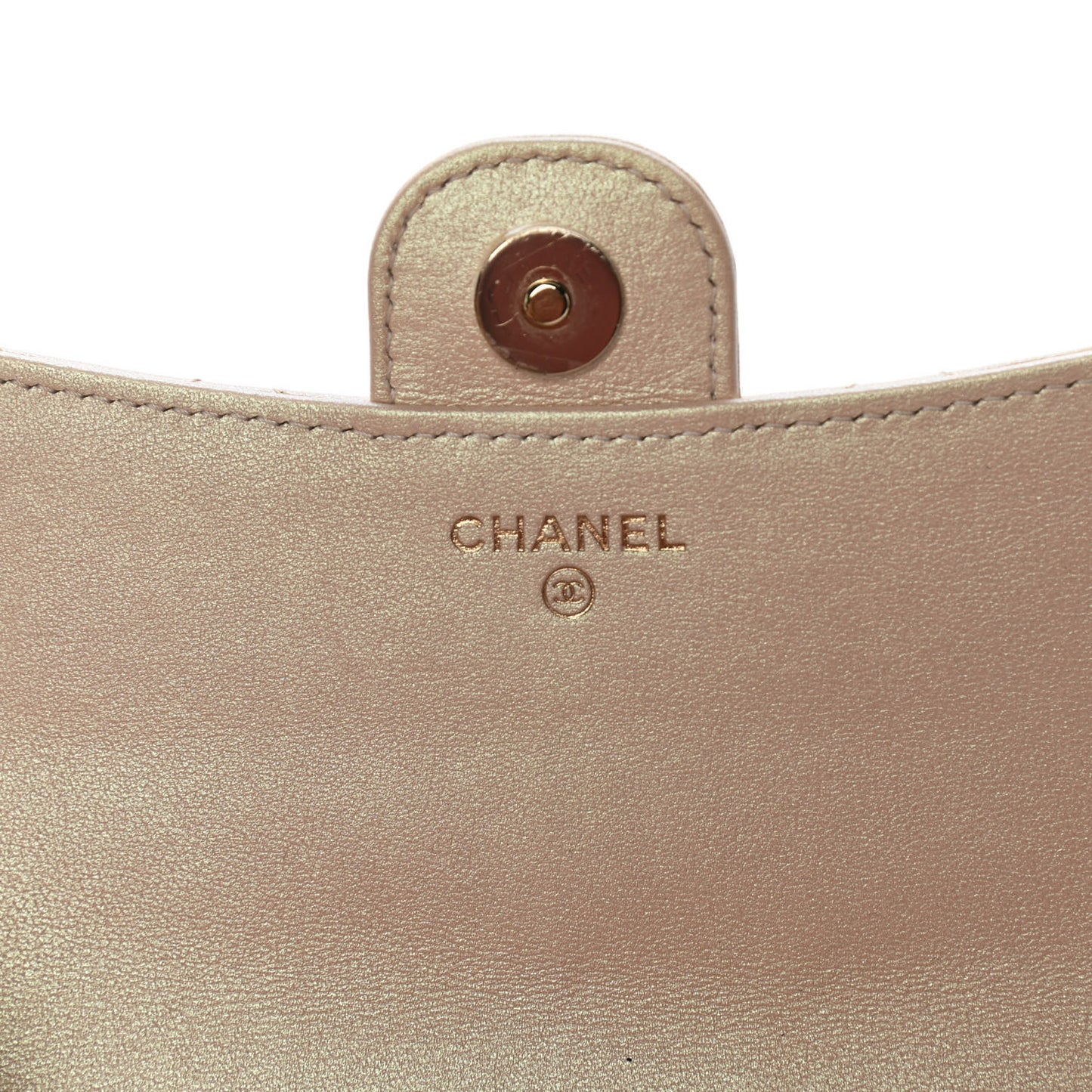 Iridescent Lambskin Quilted Flap Phone Holder With Chain Beige