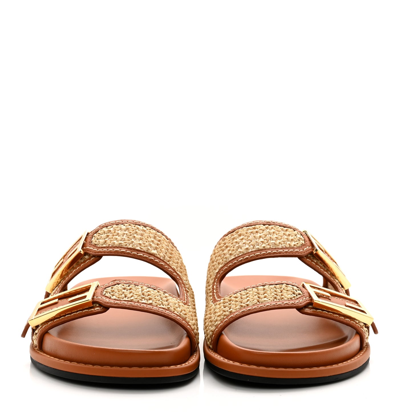 Raffia Vitello Womens Fendi Feel Buckled Slide Sandals 39 Paglia Brandy