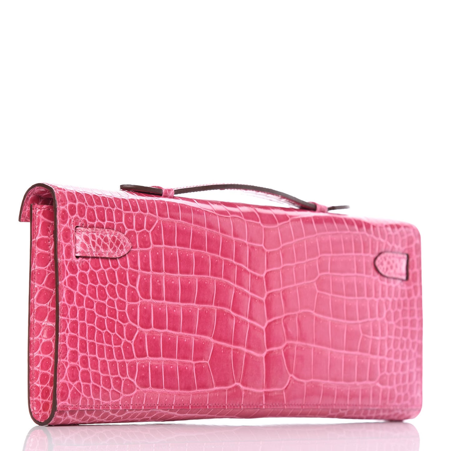 Shiny Porosus Crocodile 18K White Gold Diamond Kelly Cut Pochette Rose Tyrien