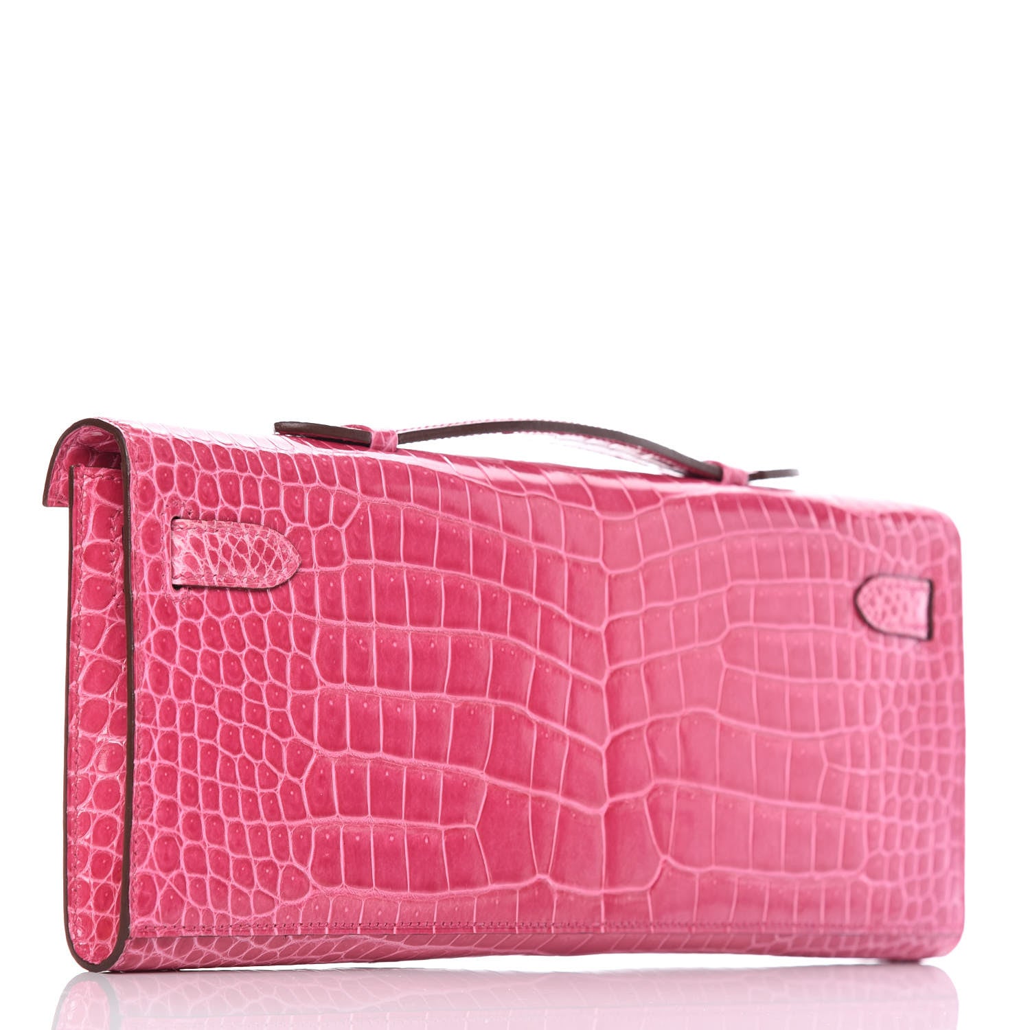 Hermes Shiny Porosus Crocodile 18K White Gold Diamond Kelly Cut Pochette Rose Tyrien 3 of 27
