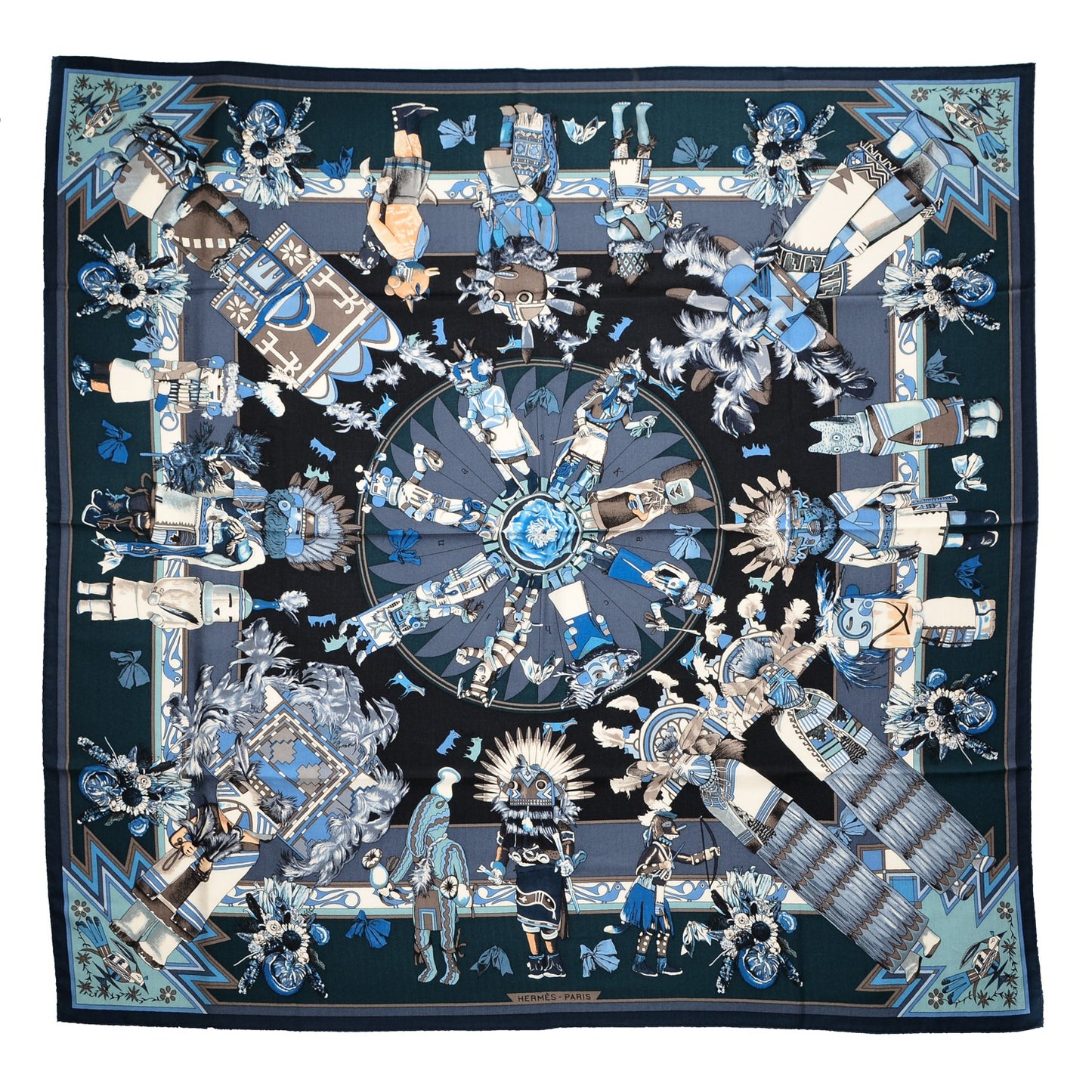 Cashmere Silk Kachinas Shawl 140 Marine Ciel Gris Bleuete