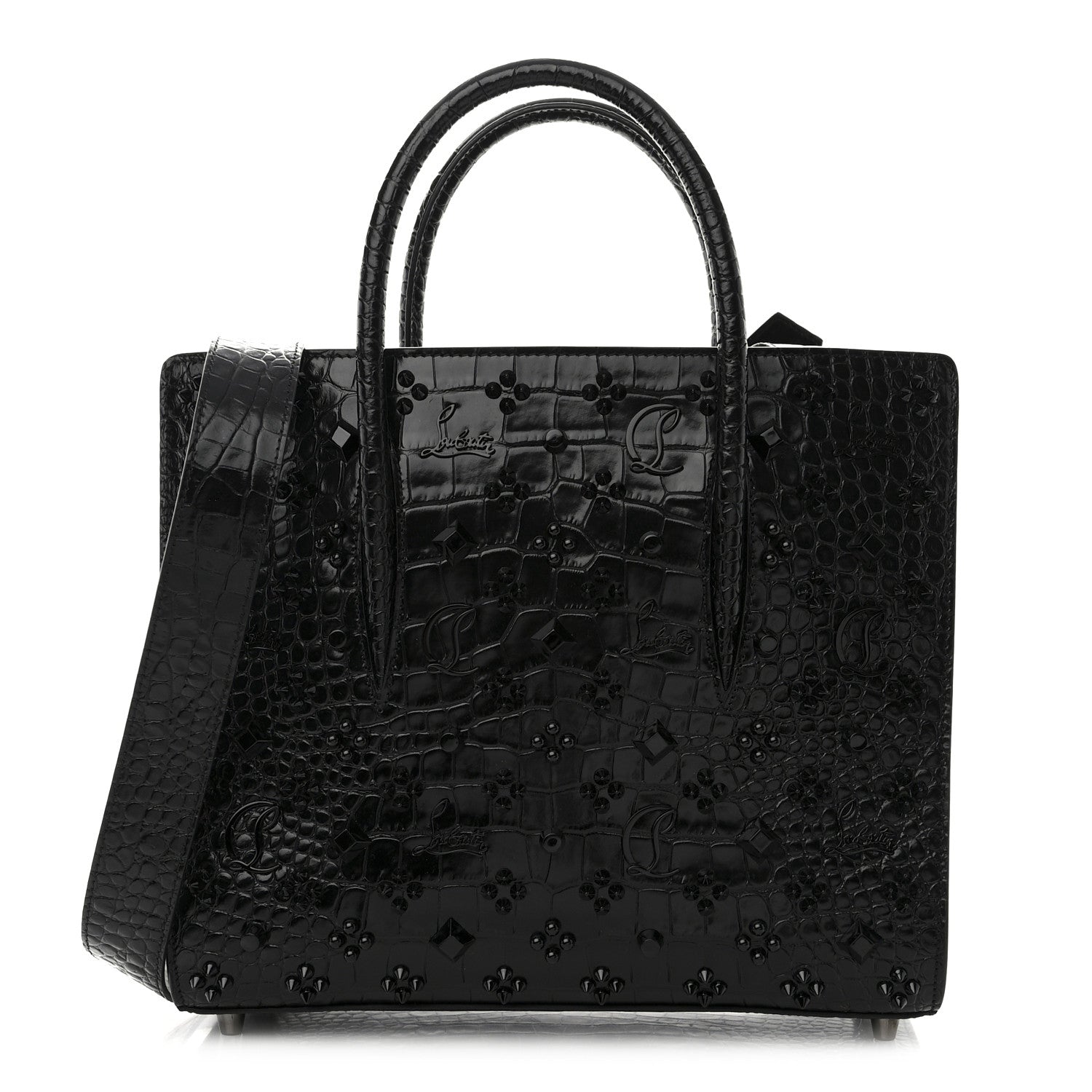 Christian Louboutin Calfskin Crocodile Embossed Studded Medium Paloma S Black 1 of 9