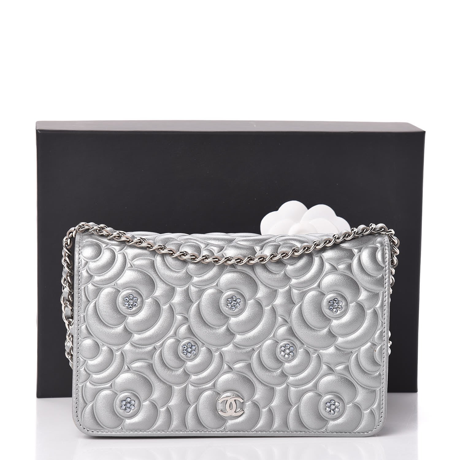 Chanel Metallic Lambskin Camellia Crystal Wallet on Chain WOC Silver 14 of 14
