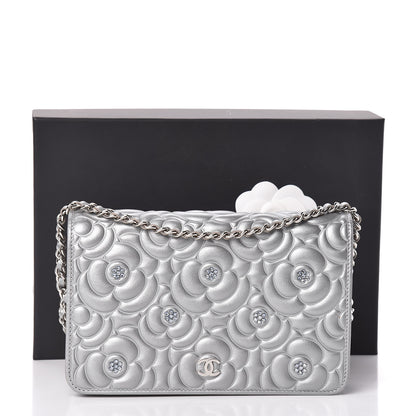 Chanel Metallic Lambskin Camellia Crystal Wallet on Chain WOC Silver 14 of 14