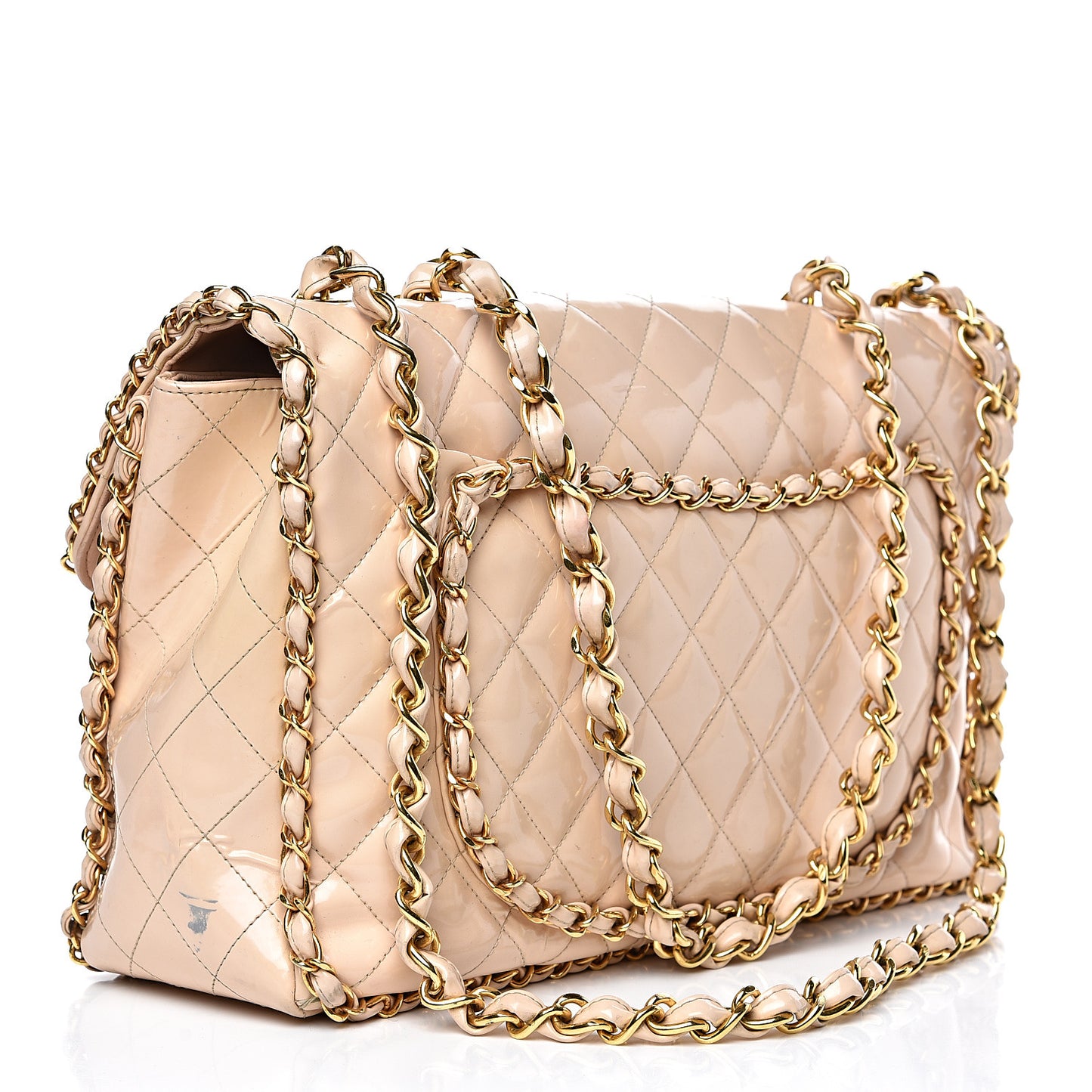 Patent Quilted Jumbo XL Chain Around Flap Beige