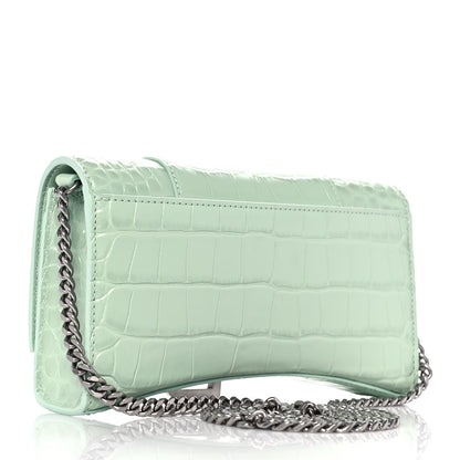 Balenciaga Shiny Calfskin Crocodile Embossed Hourglass Chain Bag Light Green 2 of 7
