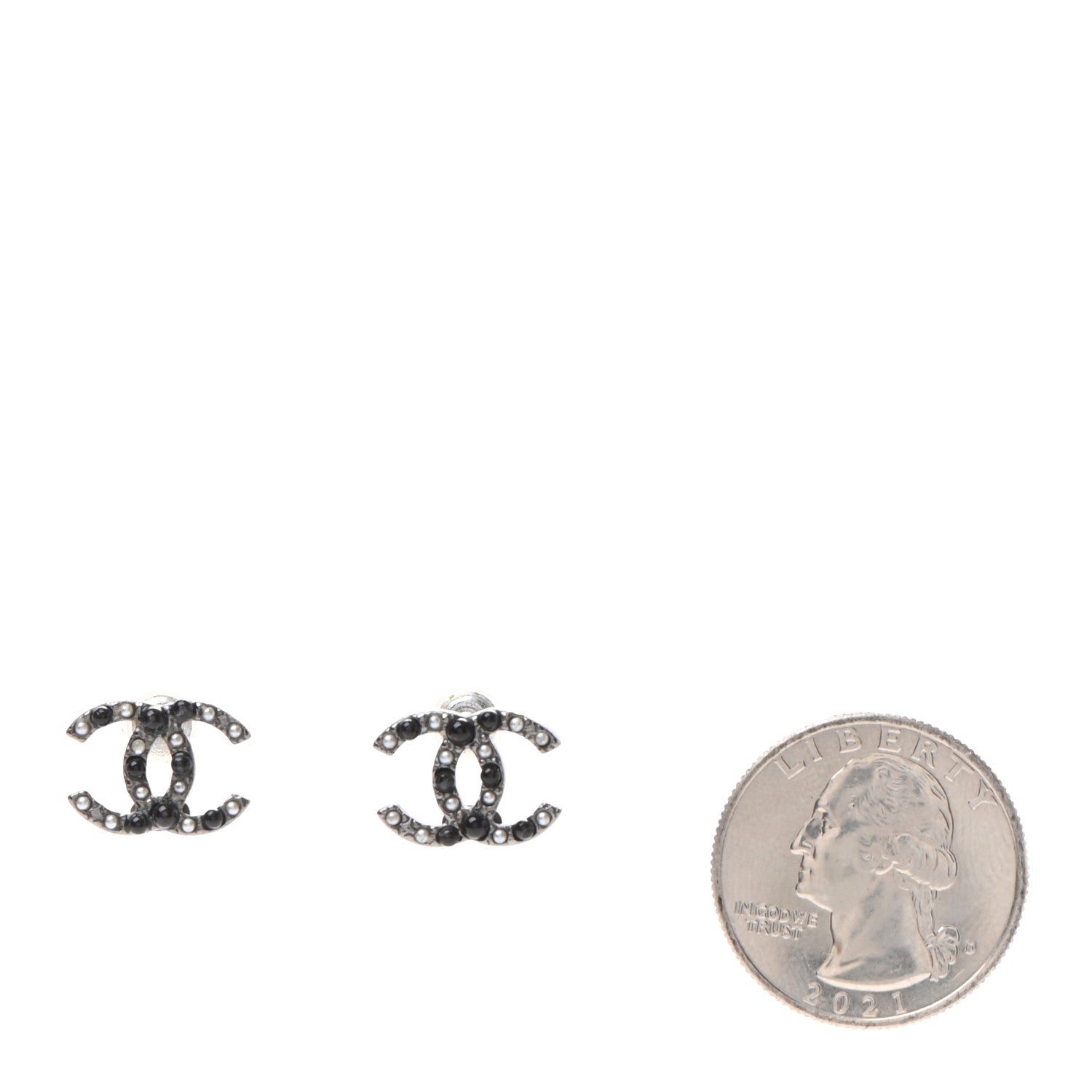 Chanel Resin Pearl Crystal CC Earrings Silver Black 2 of 4