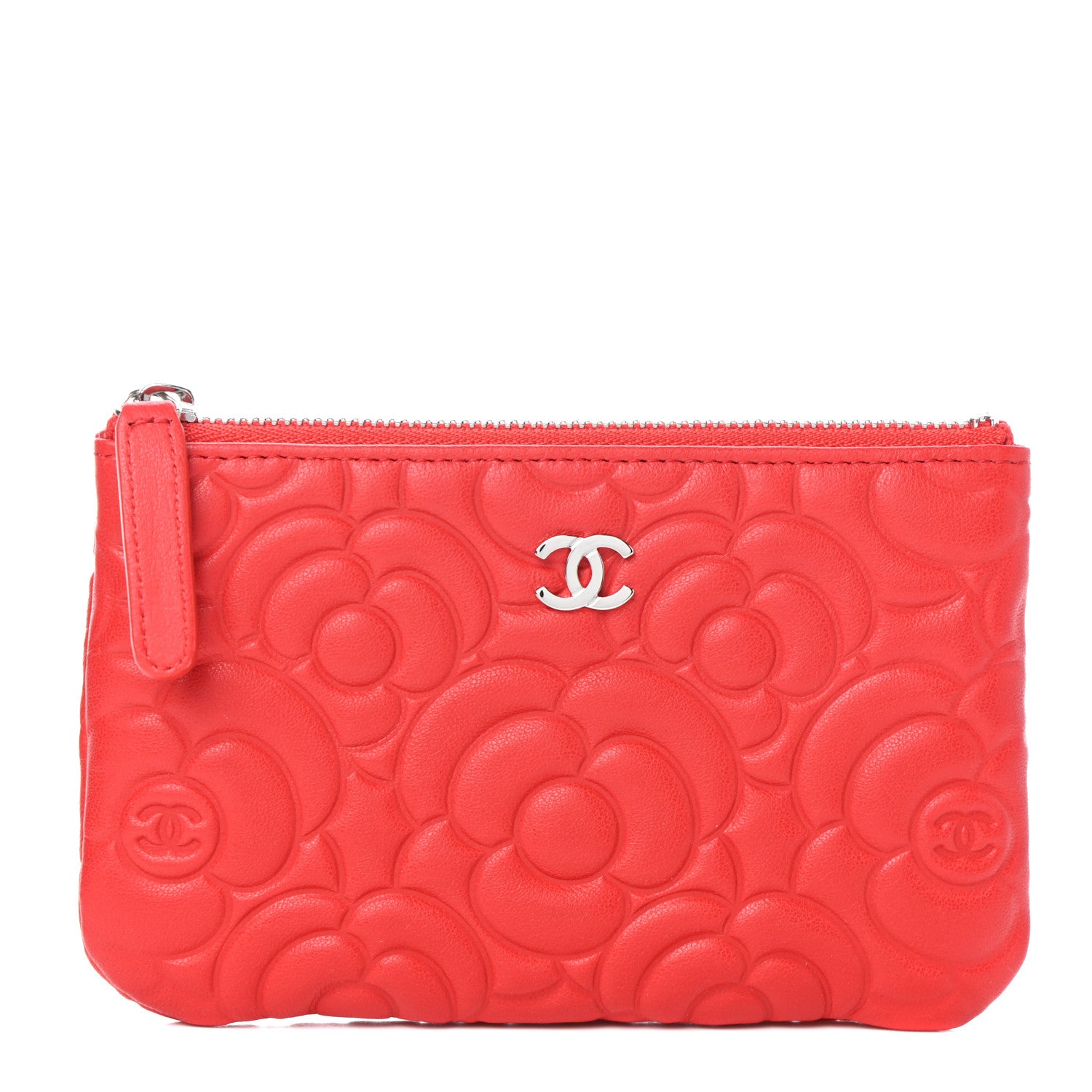 Chanel Goatskin Camellia Embossed Cosmetic Pouch Red 1 of 7