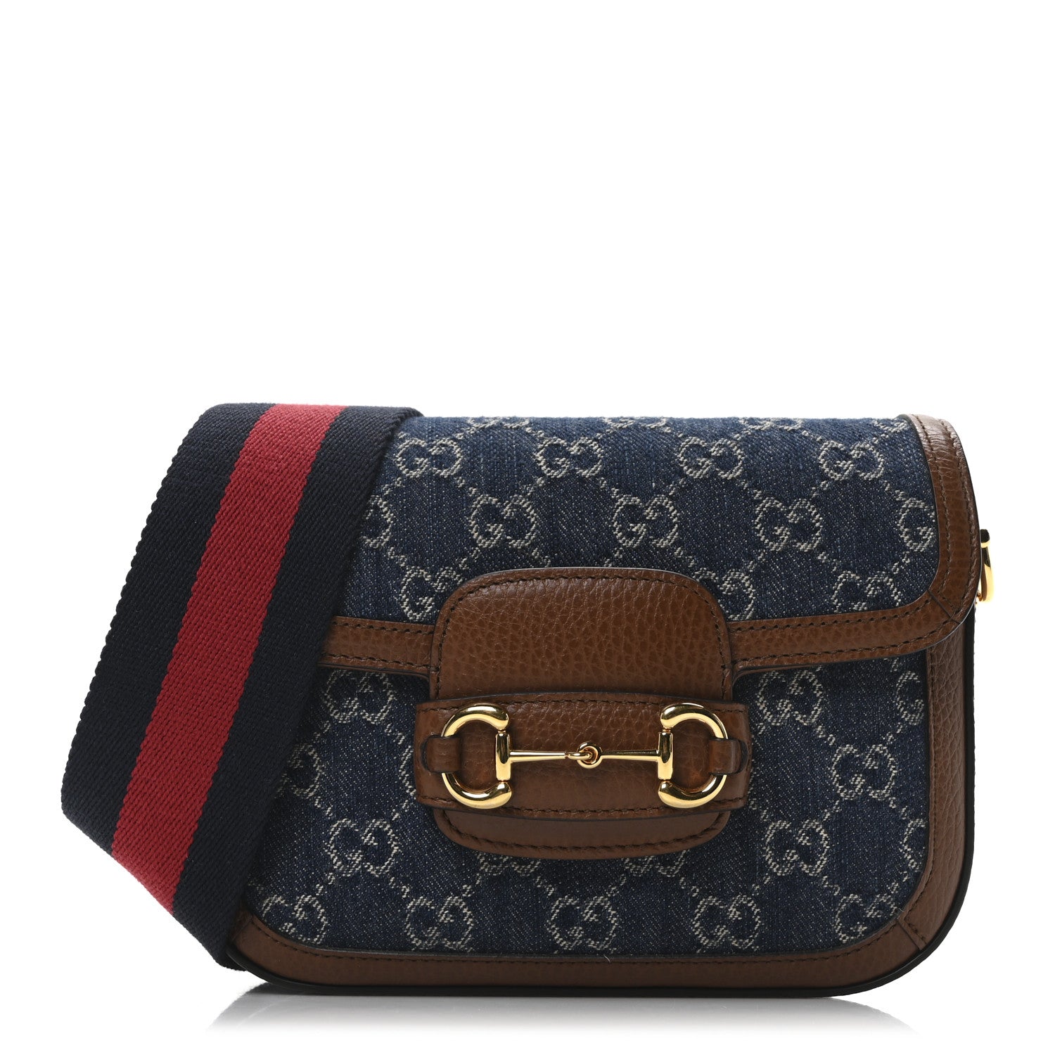 Gucci New Denim GG Monogram Dollar Calfskin Web Mini Horsebit 1955 Shoulder Bag Blue Tea Cuir Epilog 1 of 11