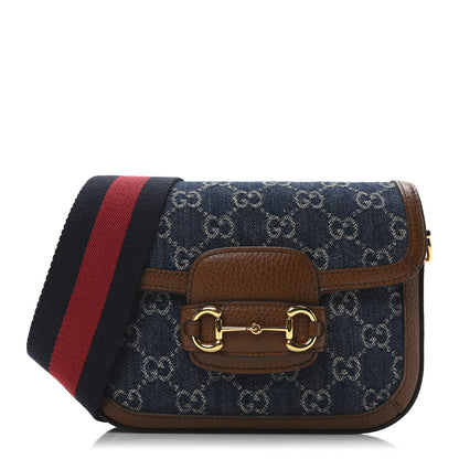 Gucci New Denim GG Monogram Dollar Calfskin Web Mini Horsebit 1955 Shoulder Bag Blue Tea Cuir Epilog 1 of 11