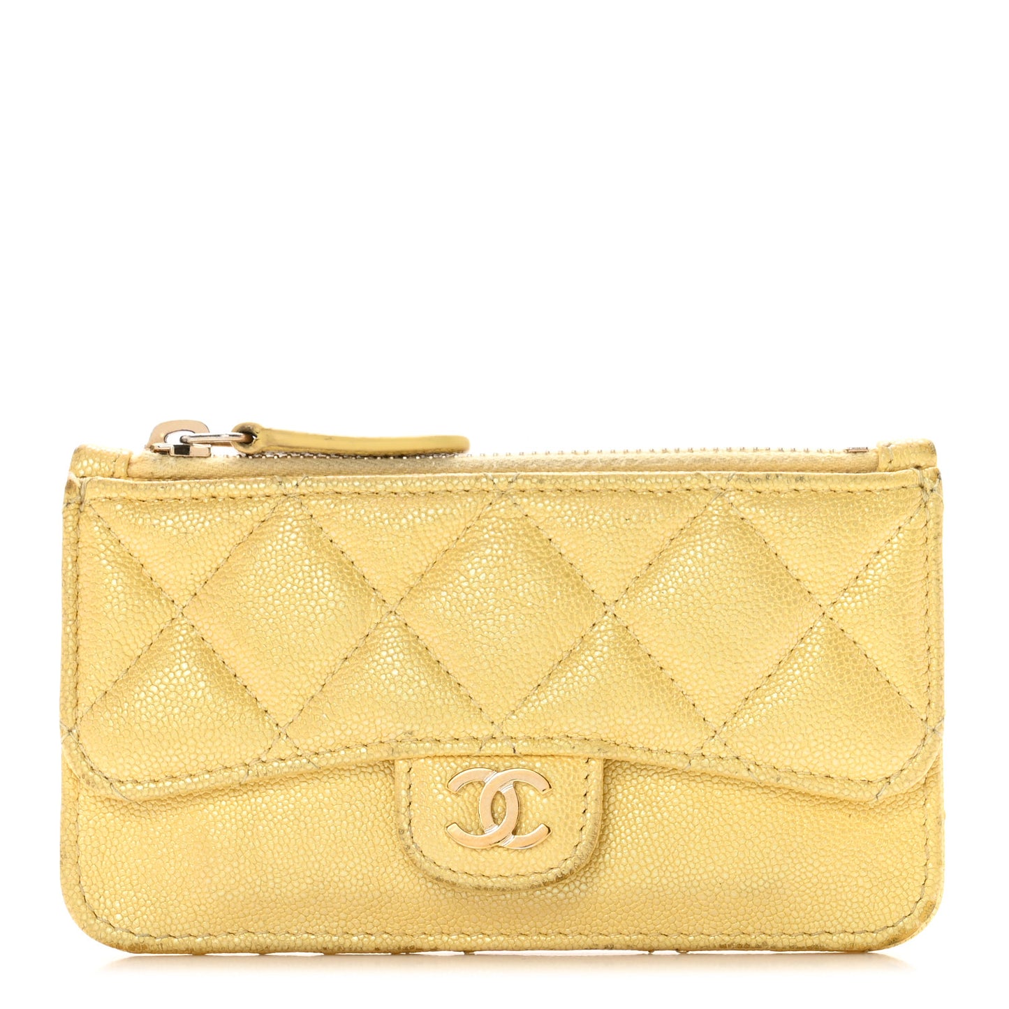 Iridescent Caviar Quilted Flap Zip Card Holder Yellow