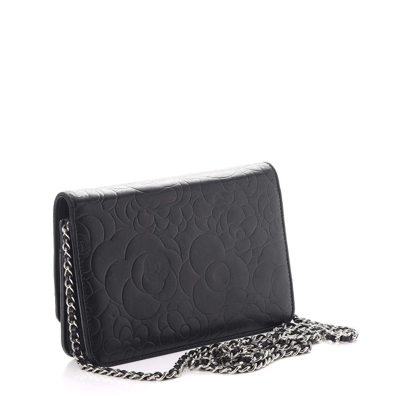 Chanel Lambskin Camellia Embossed Wallet On Chain WOC Black 3 of 14