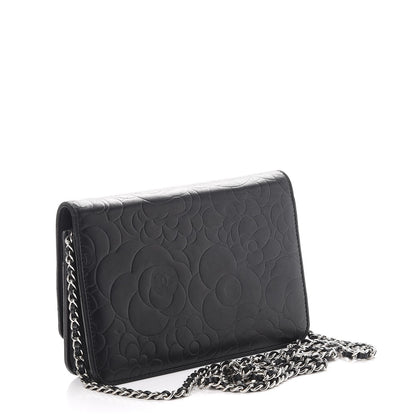 Chanel Lambskin Camellia Embossed Wallet On Chain WOC Black 3 of 14
