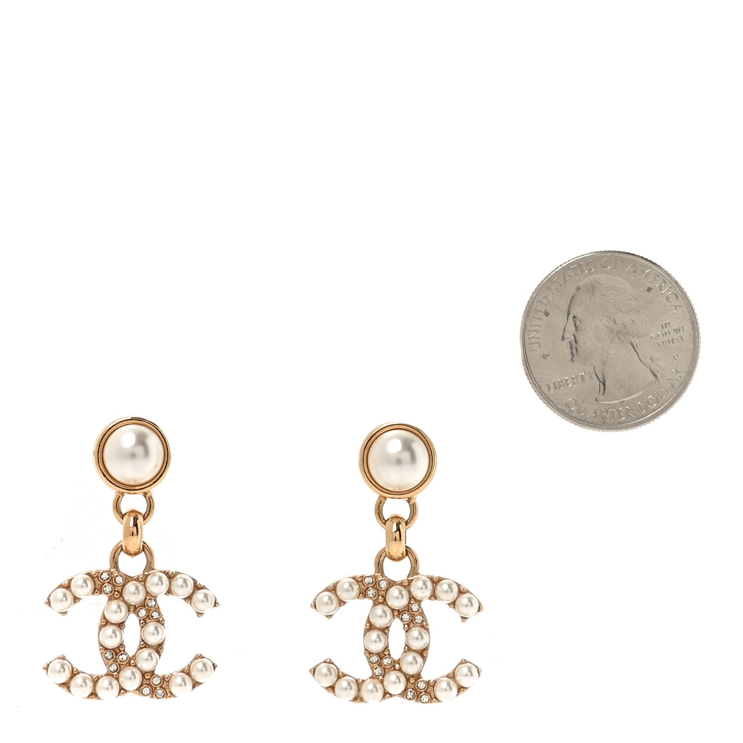 Chanel Pearl Crystal CC Drop Earrings Gold 2 of 4