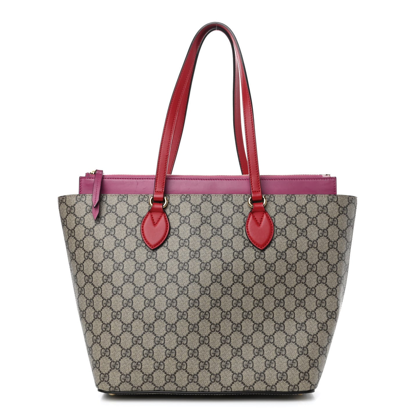 GG Supreme Monogram Medium Zippered Bucket Tote Beige Hibiscus Red New Rosette