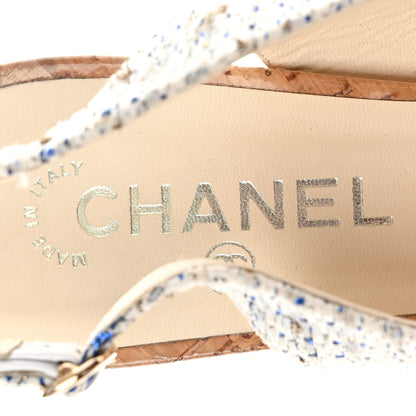 Chanel Tweed Crystal Cork CC Slingback Pumps 40 White Blue 7 of 9