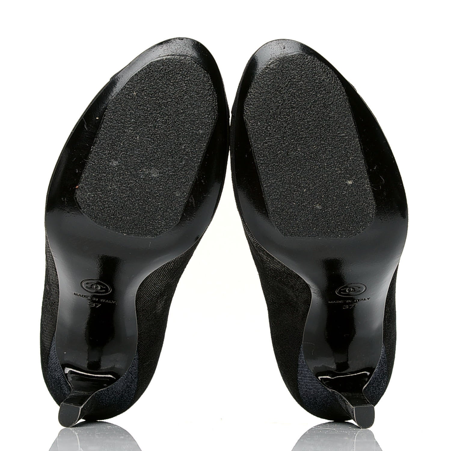 Chanel Metallic Fabric Jewel Cap Toe Pumps 37 Black Blue 4 of 6