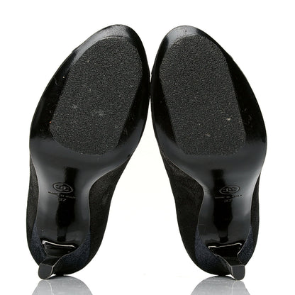 Chanel Metallic Fabric Jewel Cap Toe Pumps 37 Black Blue 4 of 6