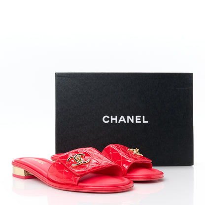 Chanel Patent Goatskin Quilted CC Sandals 39.5 Dark Pink 10 of 10