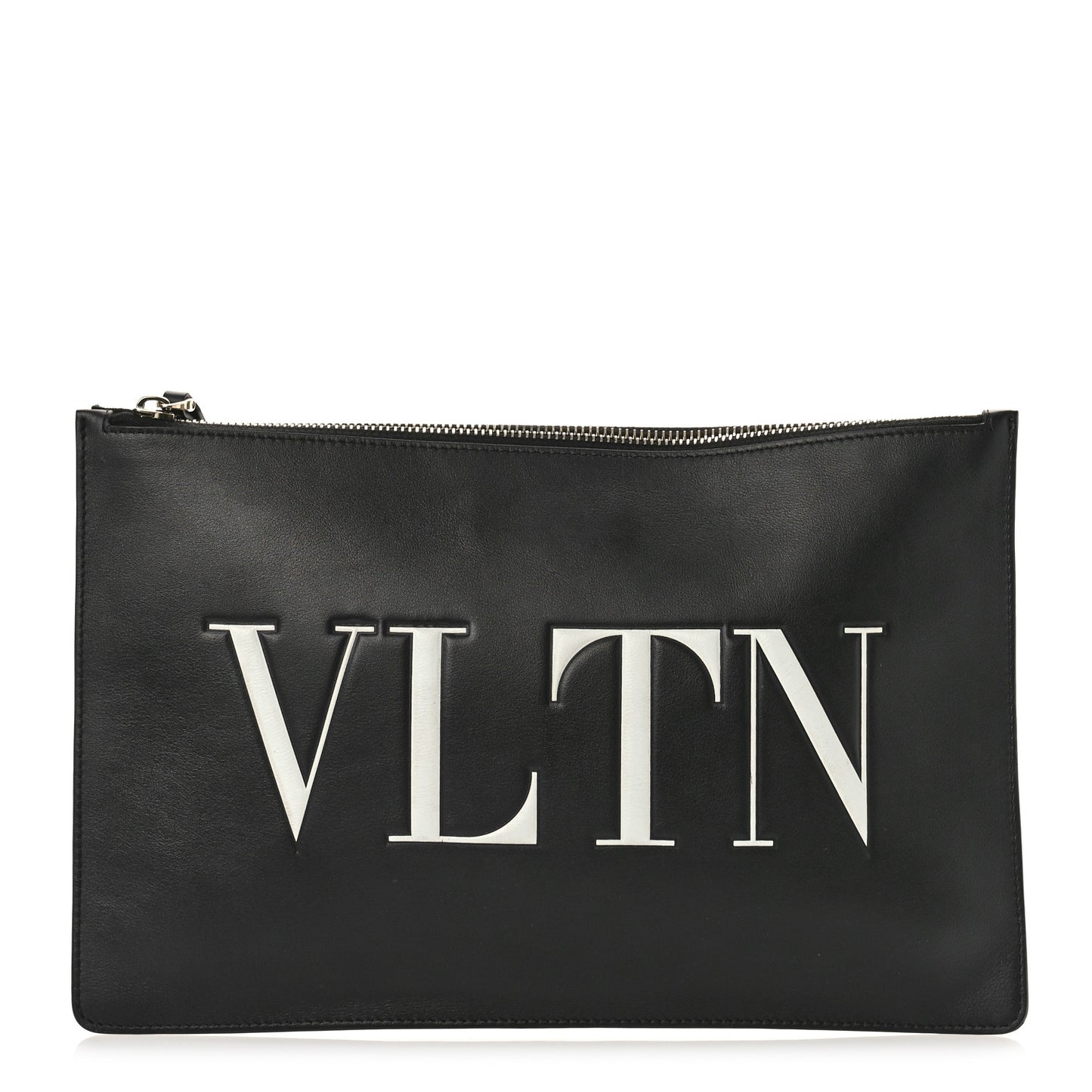 Calfskin VLTN Large Flat Zip Pouch Black
