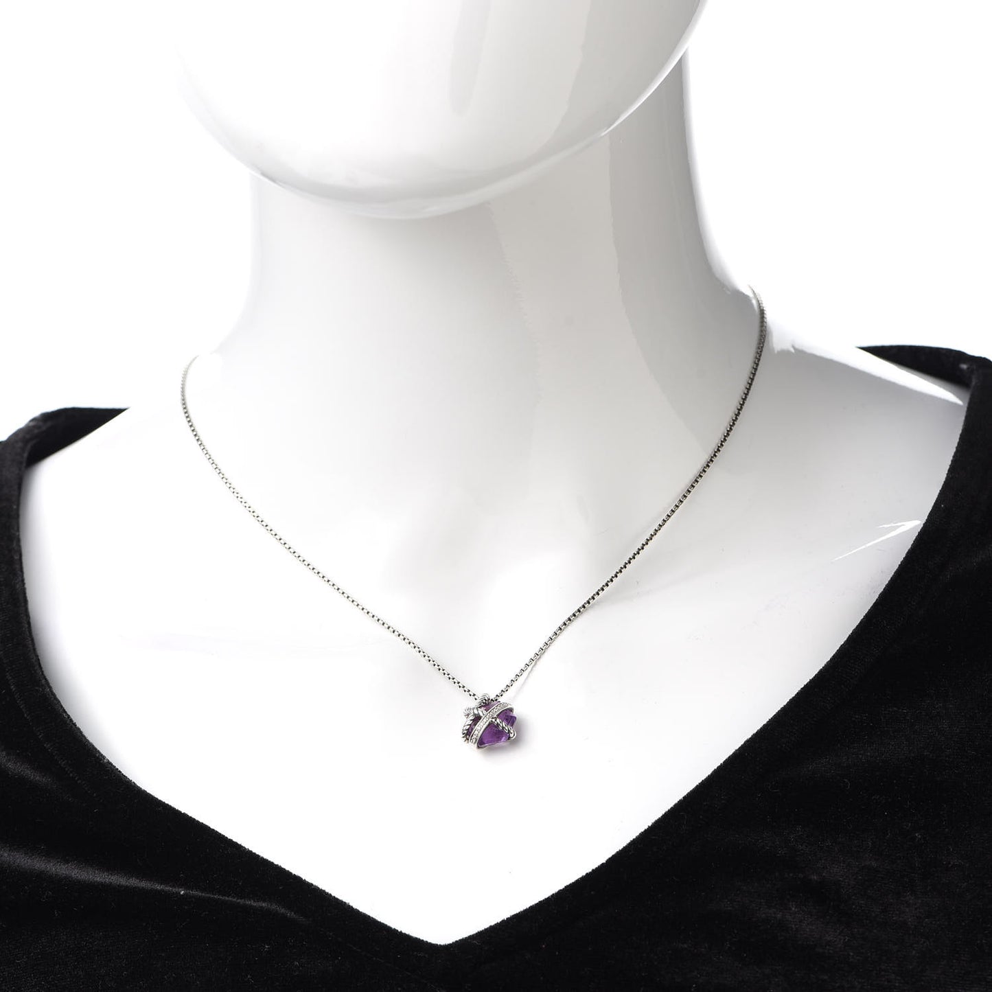 Sterling Silver Diamond Amethyst 10mm Petite Cable Wrap Pendant Necklace