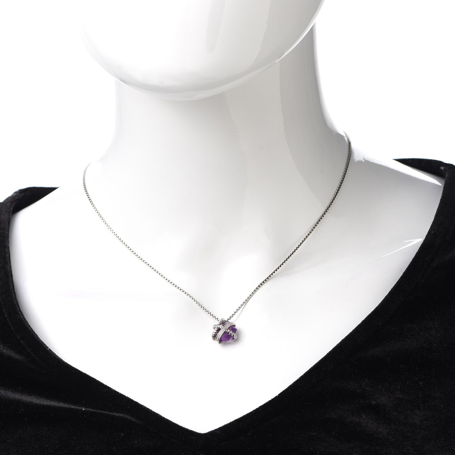David Yurman Sterling Silver Diamond Amethyst 10mm Petite Cable Wrap Pendant Necklace 2 of 5