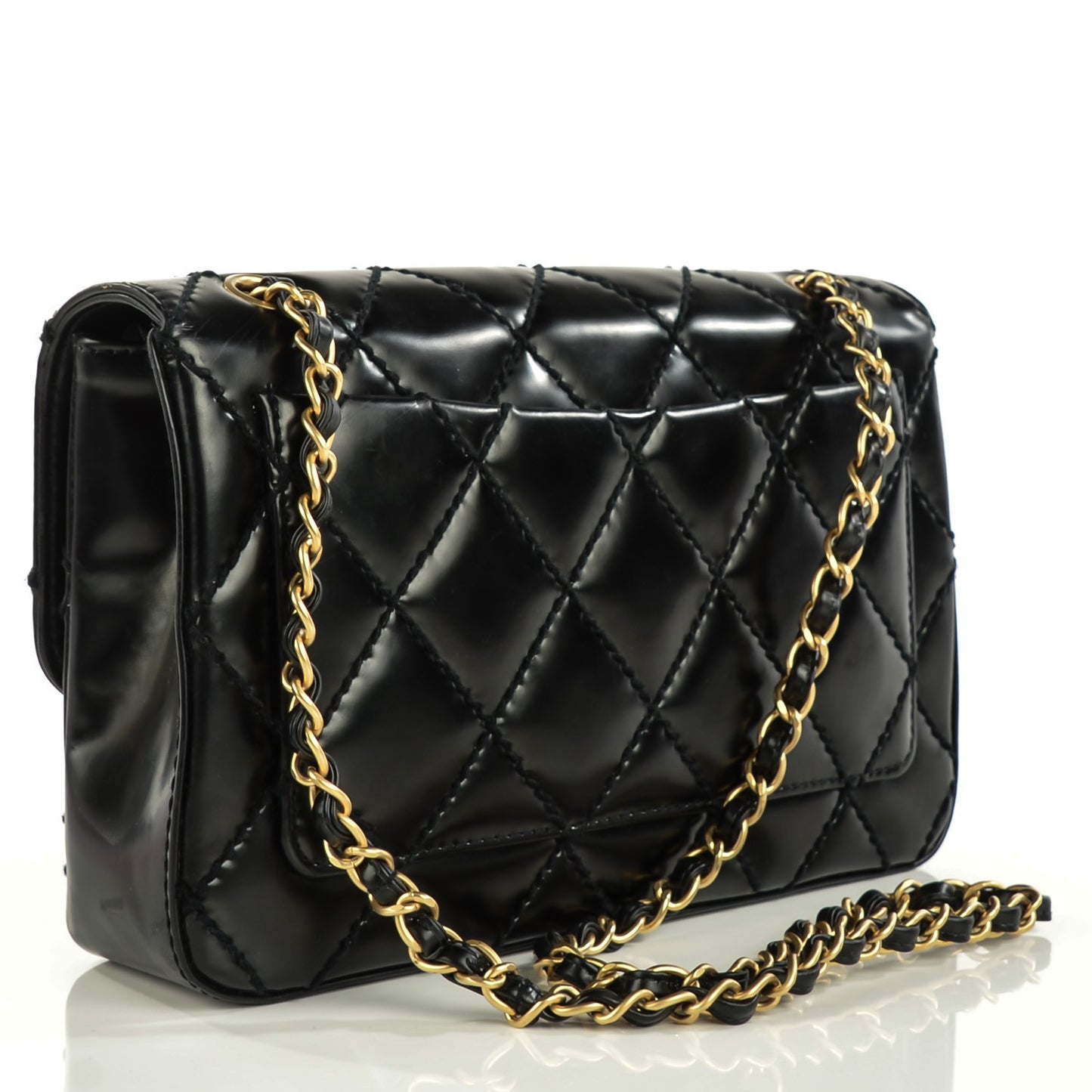 Glazed Calfskin Quilted Medium Single Flap Black