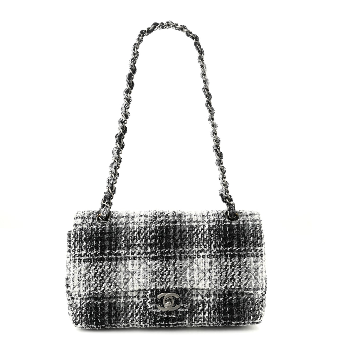 Tweed Quilted Medium Double Flap Beige White Black