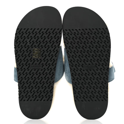 Hermes Suede Goatskin Woolskin Womens Chypre Sandals 37 Bleu Pinede Ecru 5 of 9