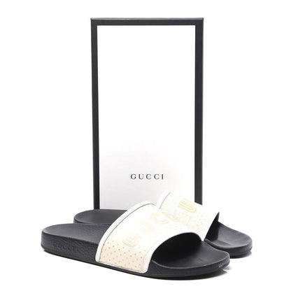 Gucci X SEGA Supreme Canvas GUCCY Stars Womens Slide Sandals 41 Mystic White Gold 10 of 10