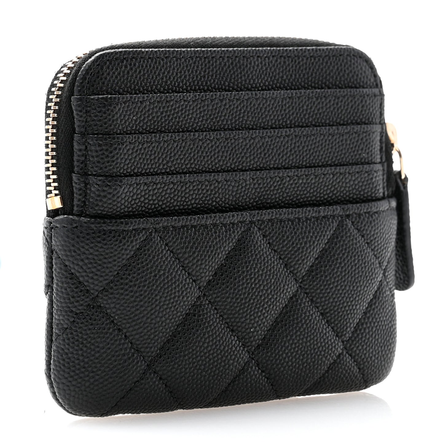Caviar Metal Quilted Striated Zip Card Holder Wallet Black