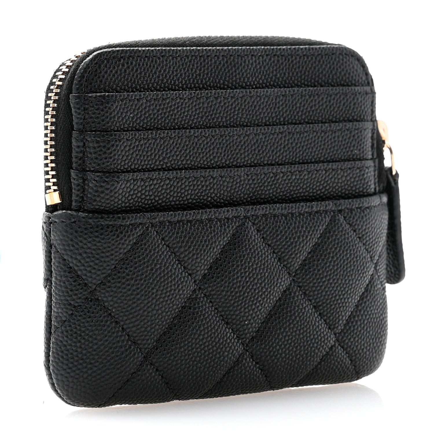 Chanel Caviar Metal Quilted Striated Zip Card Holder Wallet Black 3 of 7