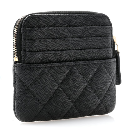 Chanel Caviar Metal Quilted Striated Zip Card Holder Wallet Black 3 of 7