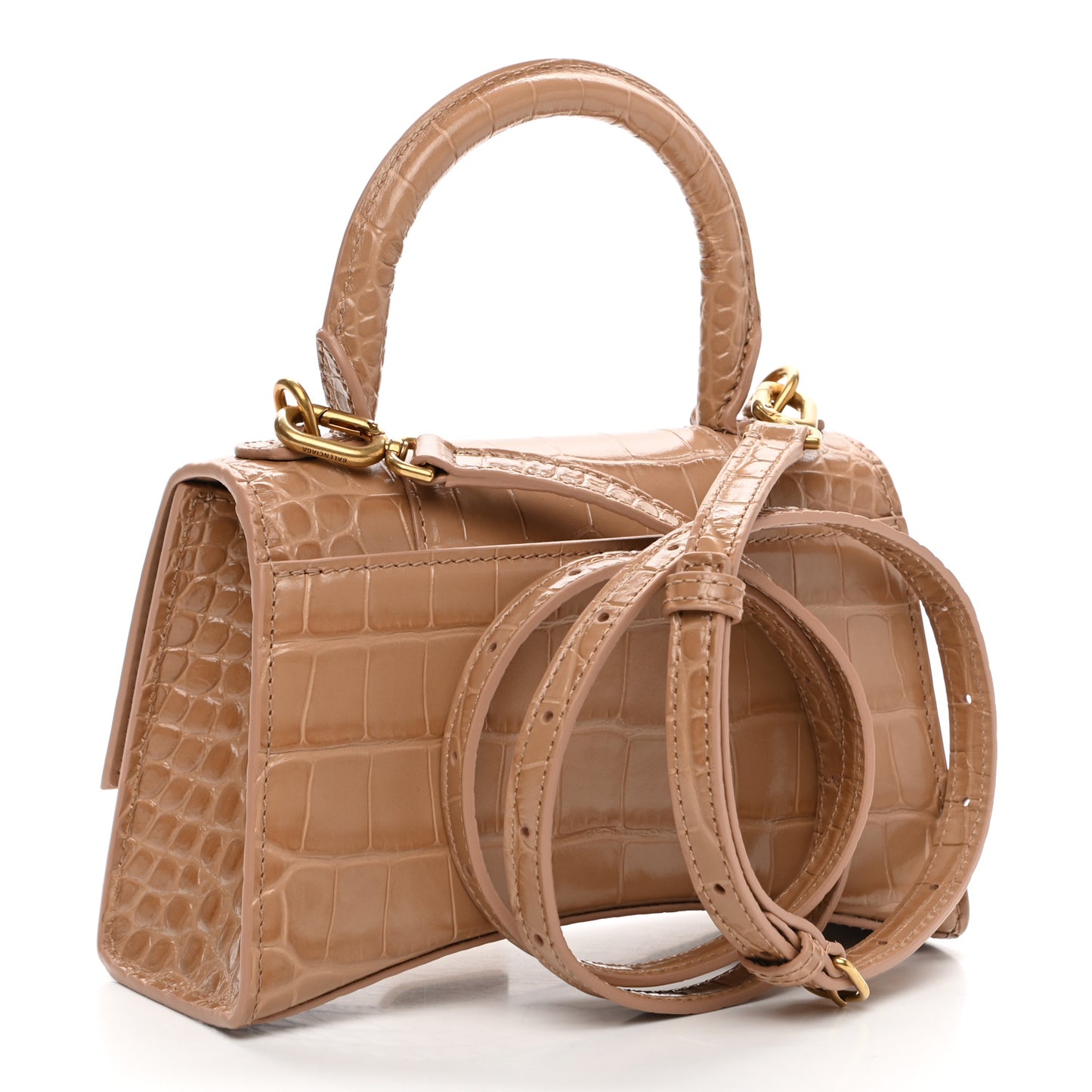 Shiny Calfskin Crocodile Embossed Hourglass Top Handle Bag XS Nude Beige