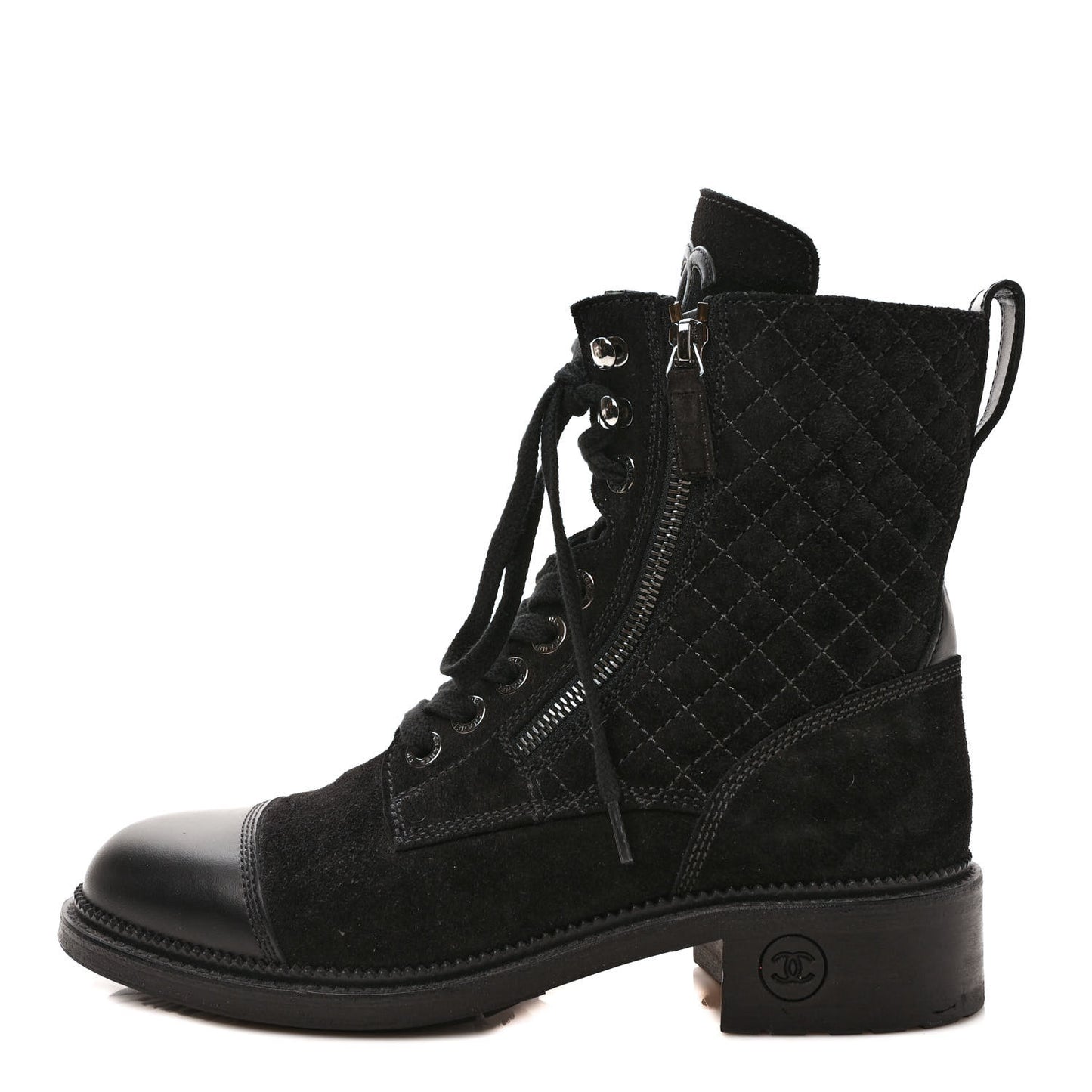 Suede Quilted CC Lace Up Combat Boots 39 Black