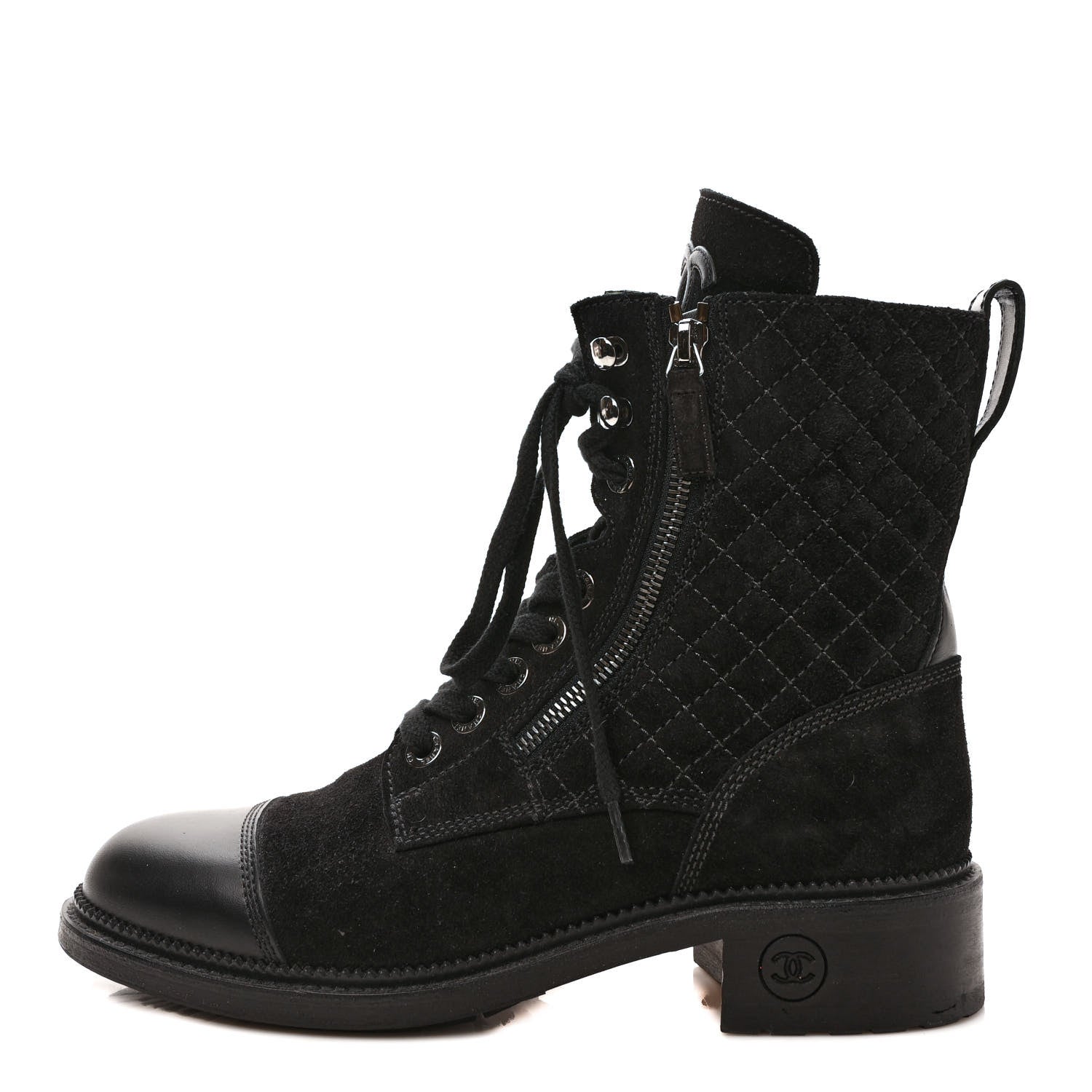 Chanel Suede Quilted CC Lace Up Combat Boots 39 Black 1 of 8