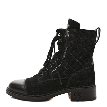 Chanel Suede Quilted CC Lace Up Combat Boots 39 Black 1 of 8