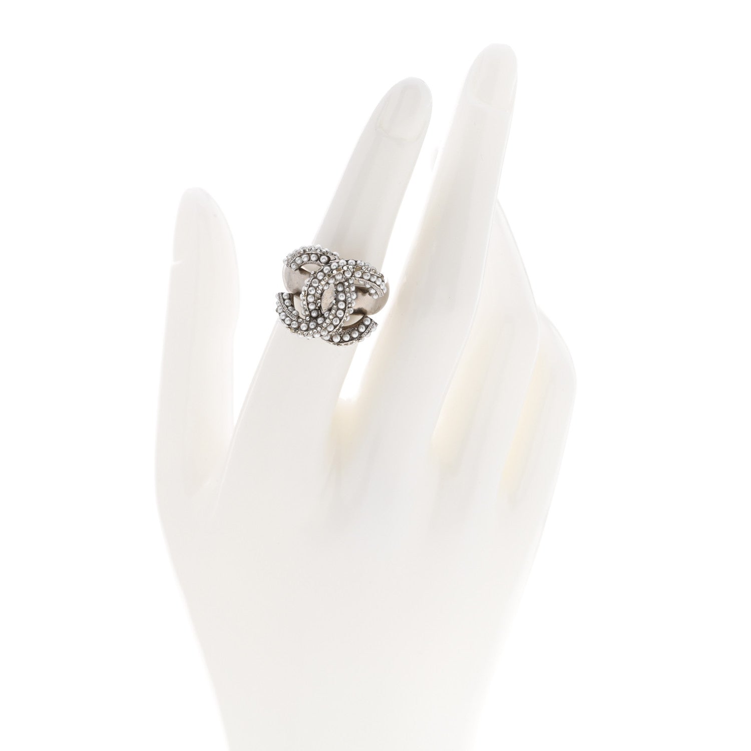Chanel Crystal Pearl CC Ring 51 5.75 Silver 2 of 10
