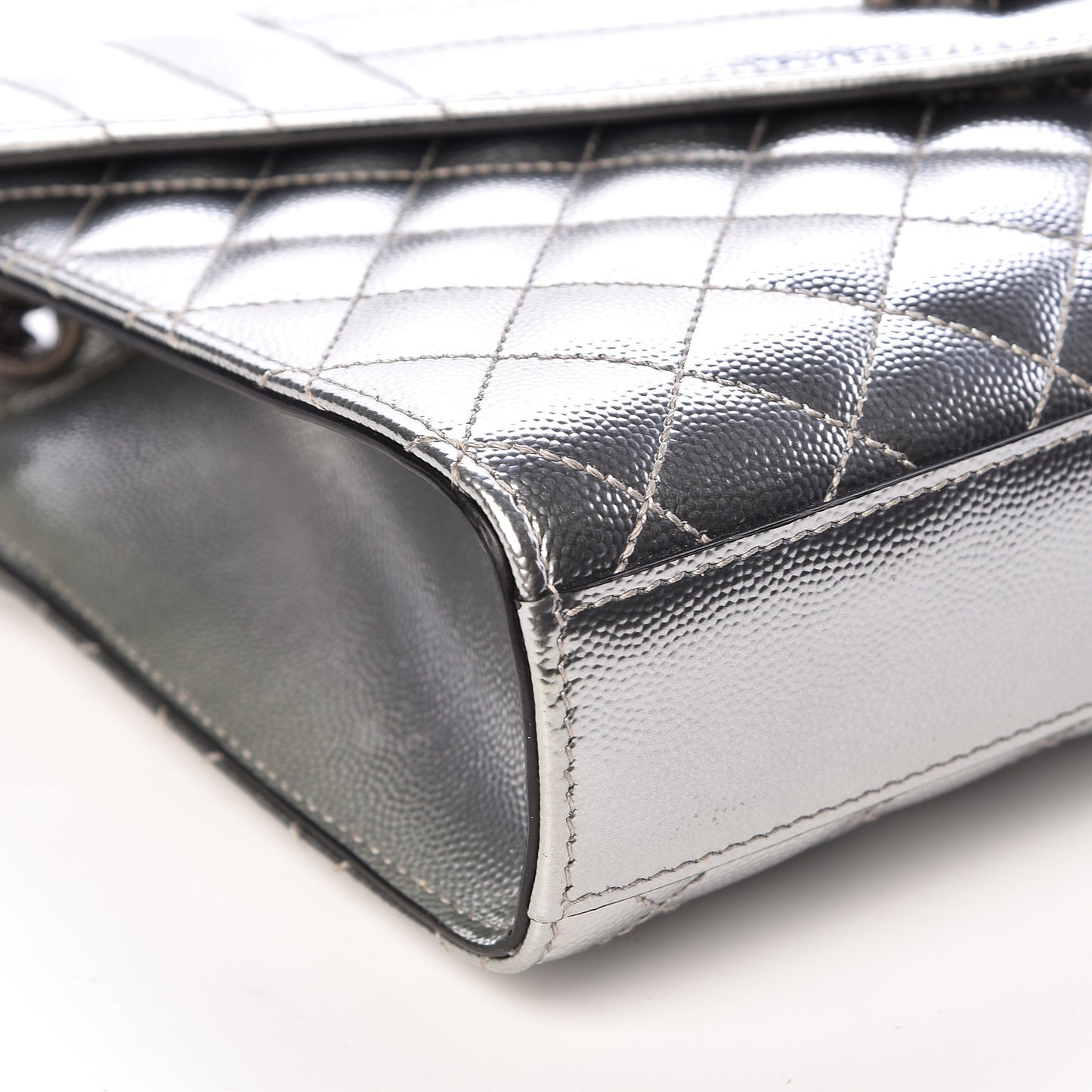 Metallic Grain De Poudre Textured Mixed Matelasse Triquilt Medium Monogram Satchel Silver