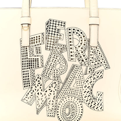 Salvatore Ferragamo Calfskin Perforated Logo Bonnie Tote Ivory Black 8 of 16