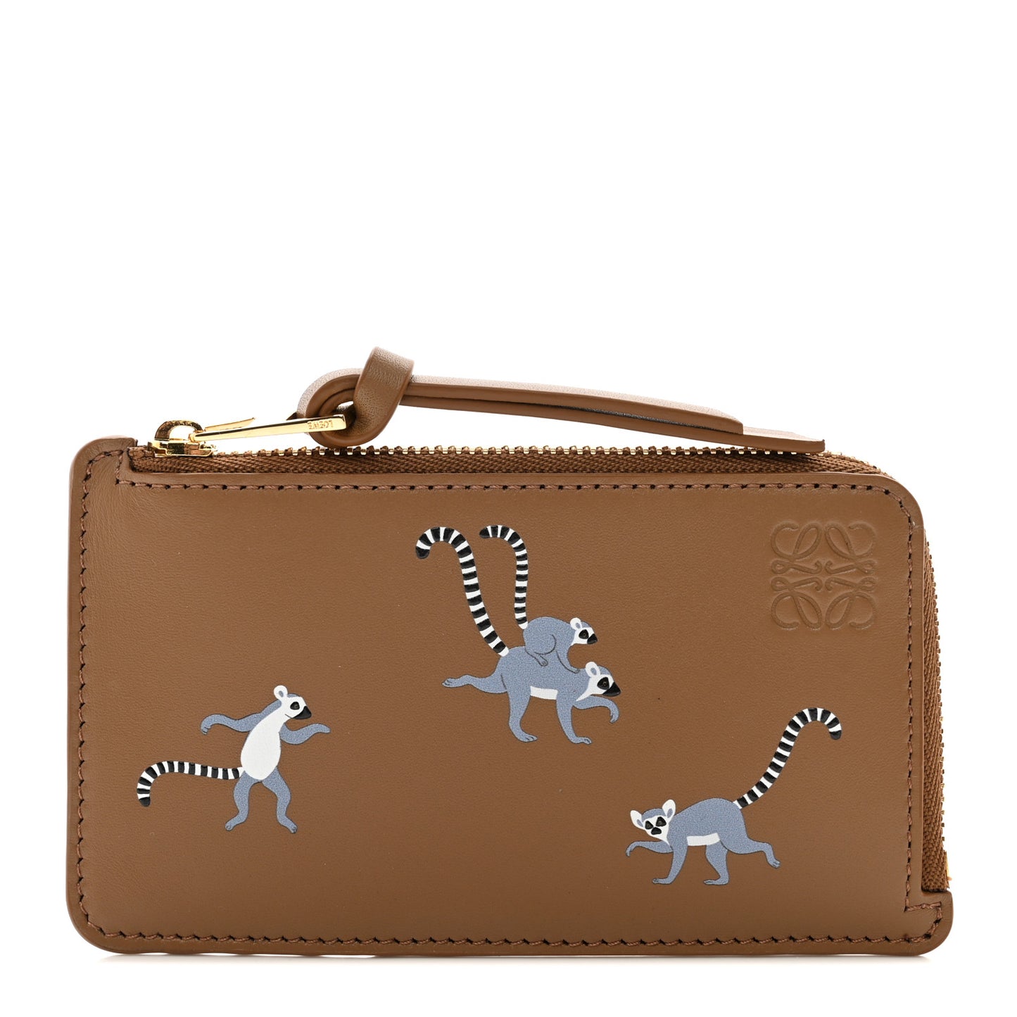 X SUNA FUJITA Satin Calfskin Lemur Zipped Card Coin Holder Brown