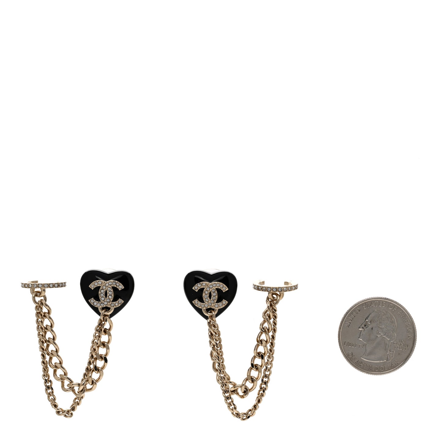 Resin Crystal CC Heart Chain Cuff Earrings Black Gold
