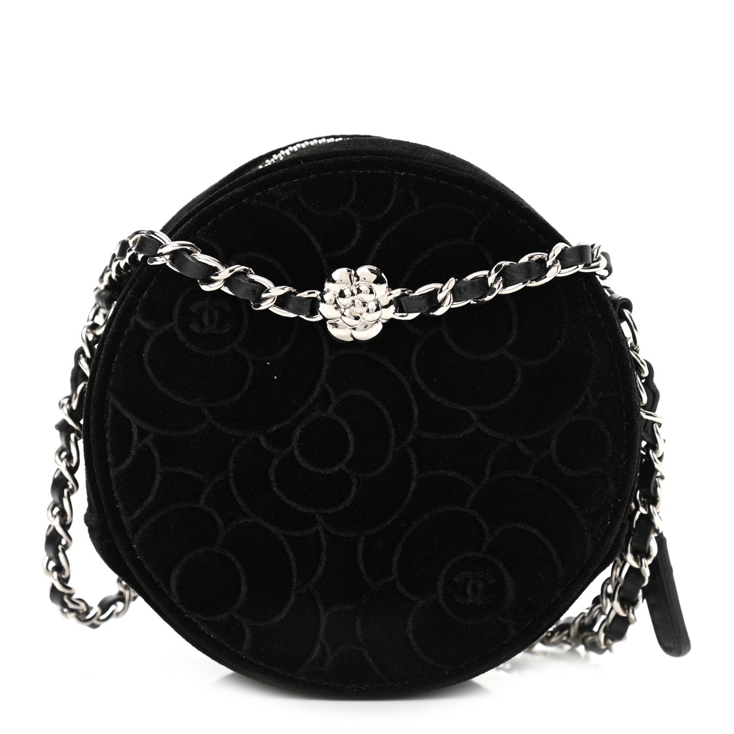 Velvet Camellia Round Clutch With Chain Black